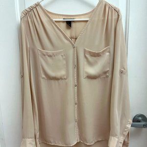 H&M Collarless Cream Long Sleeve Button Up